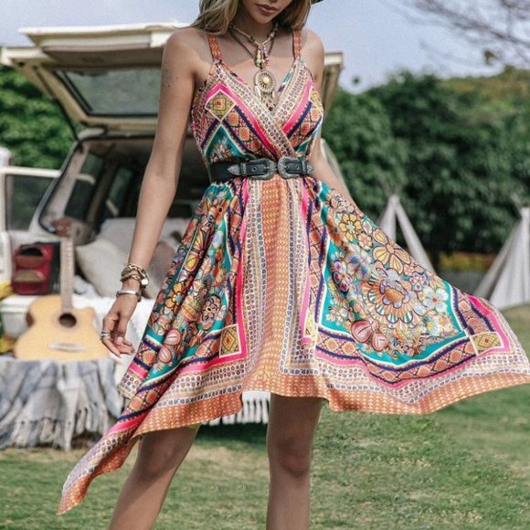 Boho Floral Print Satin Asymmetrical Hem Dress - Picture 5 of 7